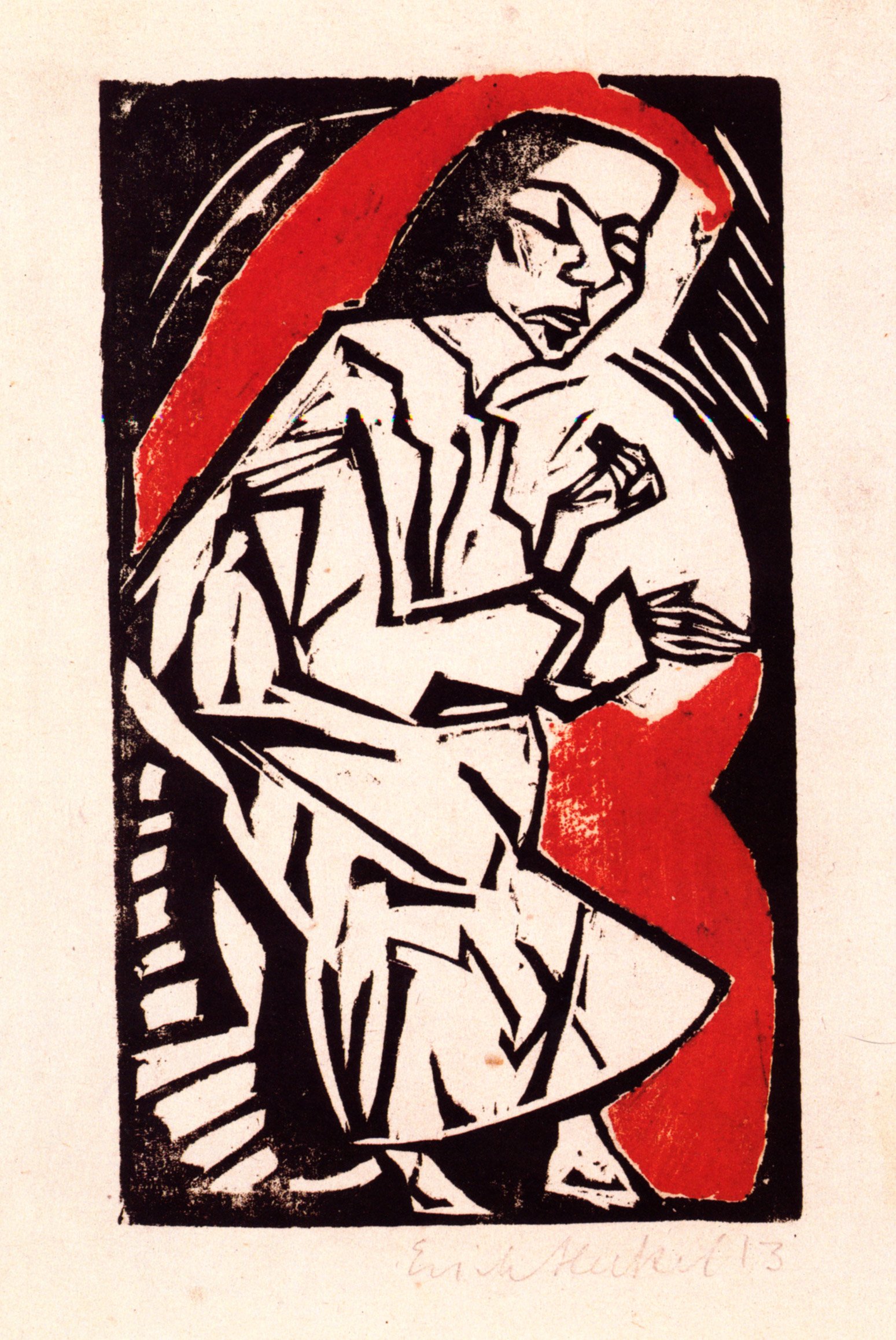   Erich Heckel  Germany, 1883–1970  Liegende (Reclining Woman),  1913 woodcut on heavy Japan paper, 18 7/8 x 12 1/8 inches Gift of David and Eva Bradford, 2014.33.4 