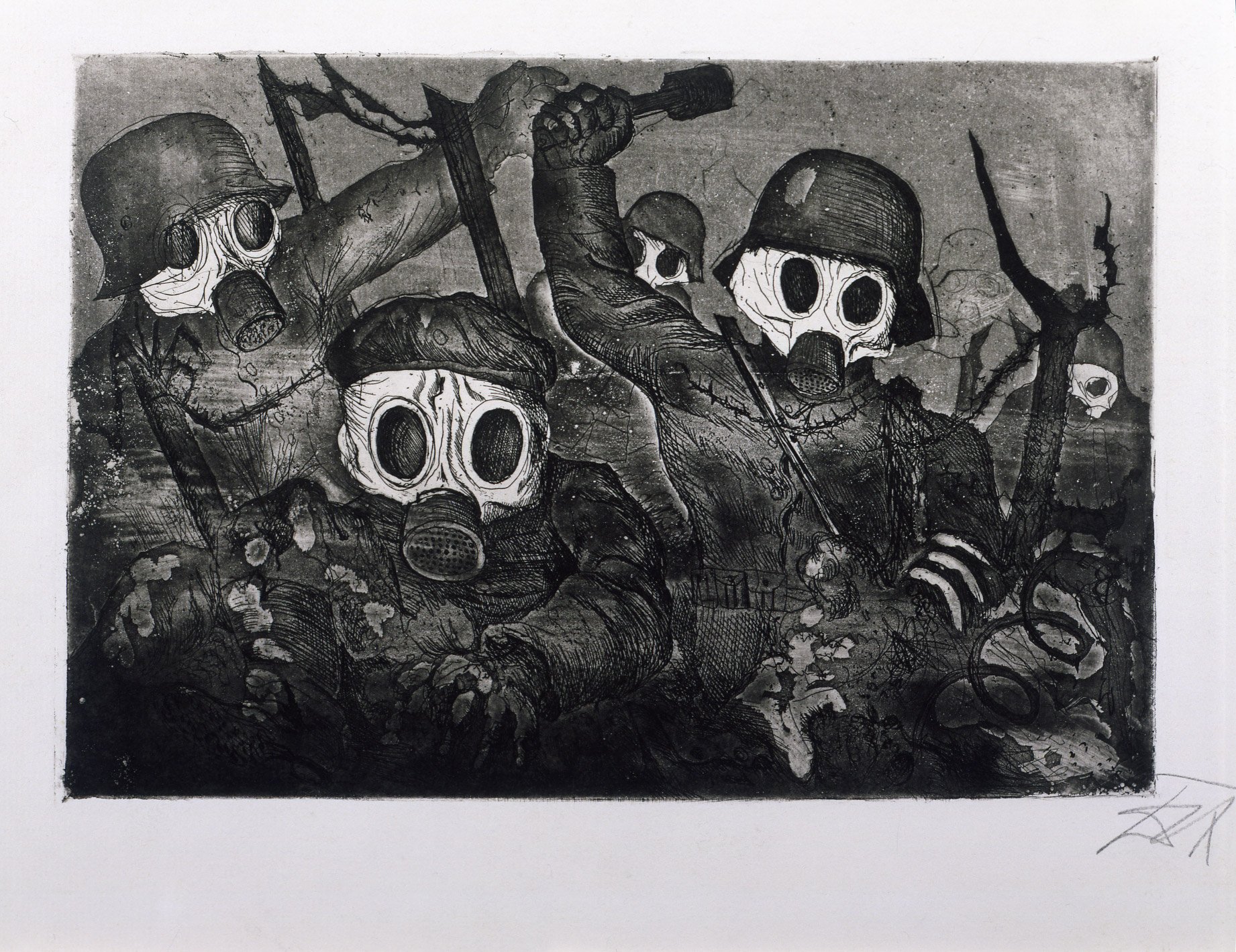   Otto Dix  Germany, 1891–1969  Sturntruppe Geht Unter Gas Vor (Shock Troops Advance Under Gas) , 1924 etching with aquatint and drypoint, 7 1/2 x 11 1/4 inches Gift of David and Eva Bradford, 2016.36.2 