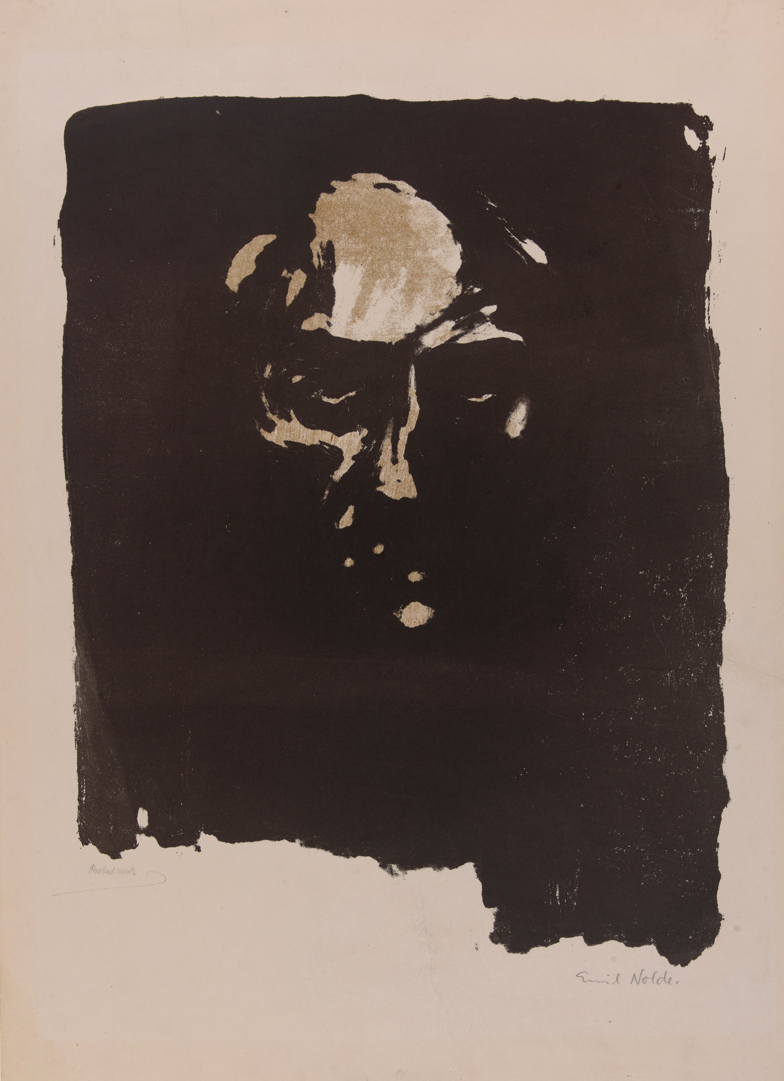   Emil Nolde  Germany, 1867–1956  Düsterer Männerkopf&nbsp; (Somber Head of a Man),  1907-1915 lithograph printed in black and brown on wove paper, 22 7/8 x 16 inches Gift of David and Eva Bradford, 2022.18.18 