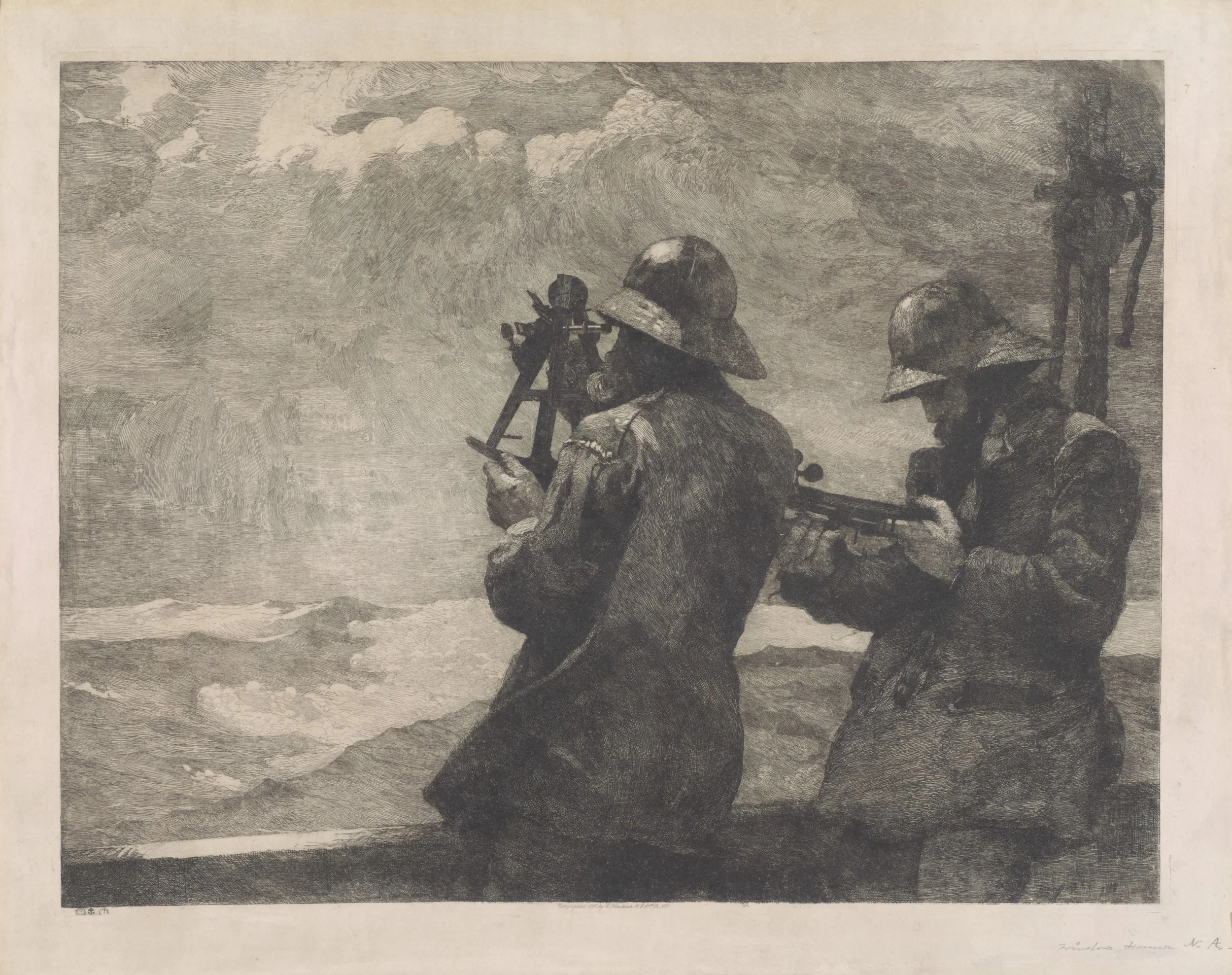 Winslow Homer (United States, 1836–1910), Eight Bells, 1887, etching and drypoint with scraping, stopping out, burnishing, and selective wiping in black ink on parchment, image: 18 3/4 x 24 1/4 inches; sheet: 23 1/2 x 29 1/2 inches. Portland Museu