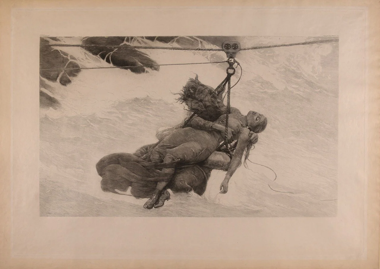 Winslow Homer (United States, 1836–1910), Saved, 1889, etching, sulfur tint, and drypoint with scraping, roulette, stopping out, burnishing, and selective wiping in black ink on beige, moderately thick, slightly textured traditional Japanese handm