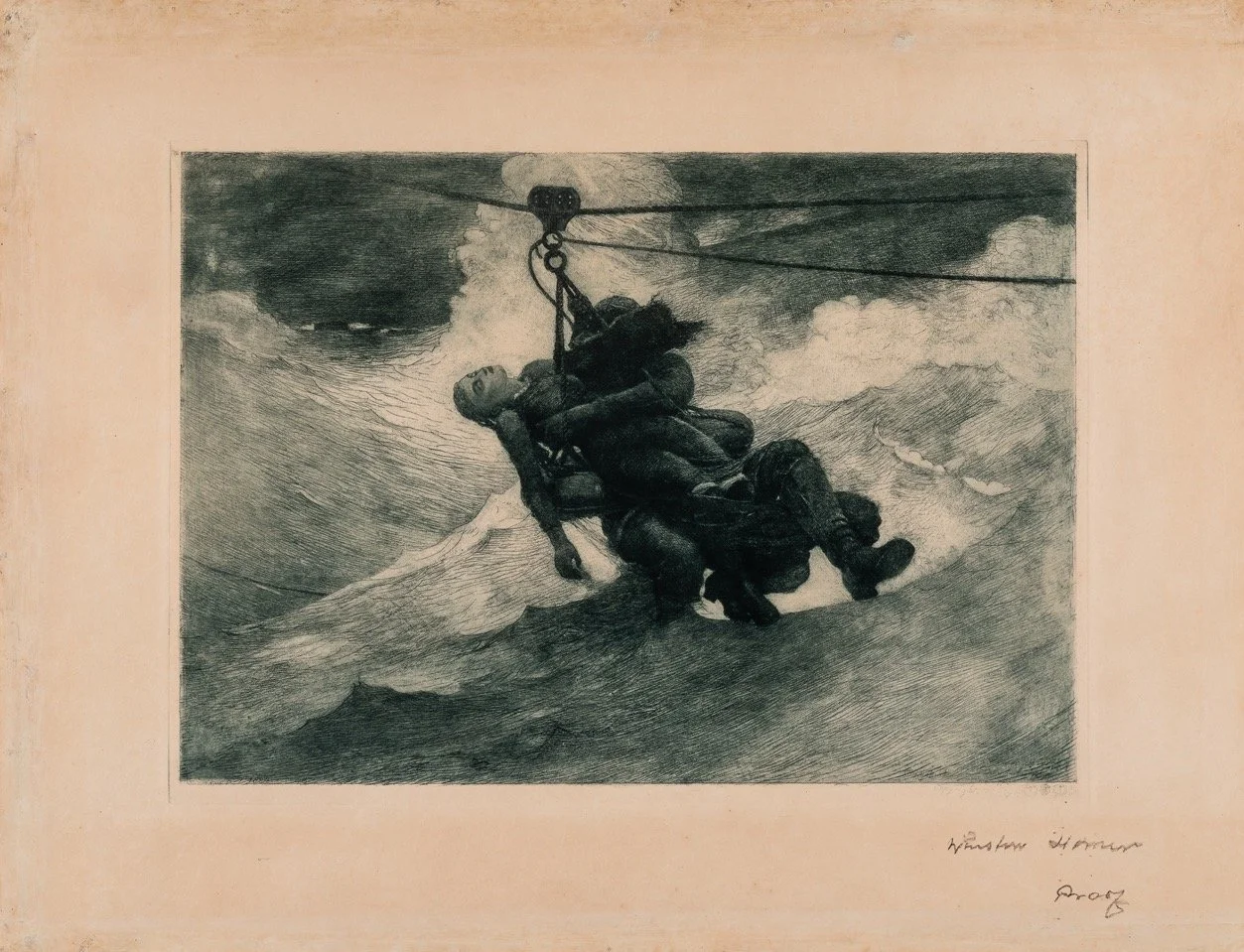  Winslow Homer (United States, 1836–1910),  The Life Line  [Proof], 1884|1887, etching, sulfur tint and drypoint with scraping, burnishing, and selective wiping in blue ink on cream, very thick, moderately textured machine-made wove paper; plate pape