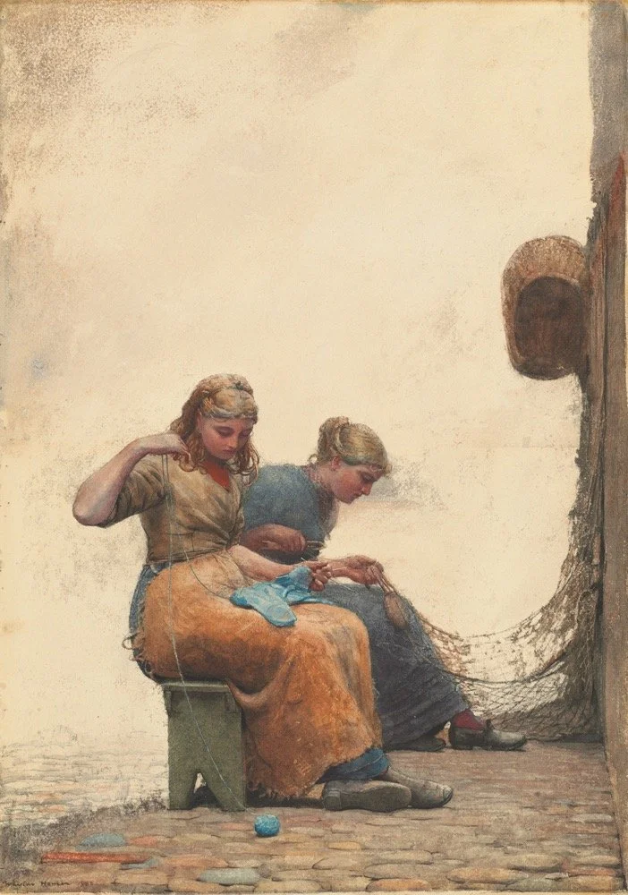 Winslow Homer (United States, 1836–1910), Mending the Nets, 1882, transparent and opaque watercolor over graphite on wove paper, 27 3/8 x 19 1/4 inches. National Gallery of Art. Bequest of Julia B. Engel, 1984.58.3