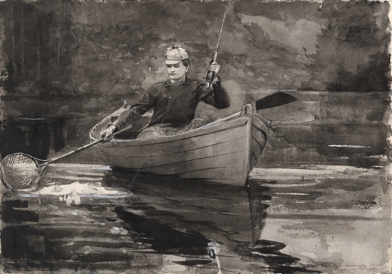 Winslow Homer (United States, 1836–1910), Netting the Fish , 1889, transparent watercolor, heightened with opaque white watercolor, with rewetting, blotting, and scraping, over graphite, on moderately thick, slightly textured, cream wove paper, 13