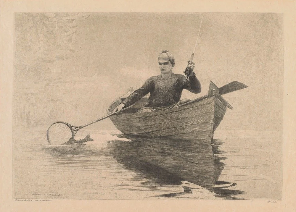 Winslow Homer (United States, 1836–1910), Fly Fishing, Saranac Lake, 1889, etching, aquatint with brush biting (lavis), and drypoint with scraping, stopping out, burnishing, and selective wiping in black ink on beige, moderately thick, slightly te