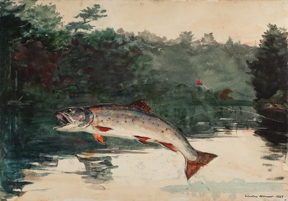 Winslow Homer (United States, 1836–1910), Leaping Trout, 1889, watercolor on paper, 14 1/16 x 20 1/16 inches. Portland Museum of Art, Maine. Bequest of Charles Shipman Payson, 1988.55.7. Image courtesy Meyersphoto.com