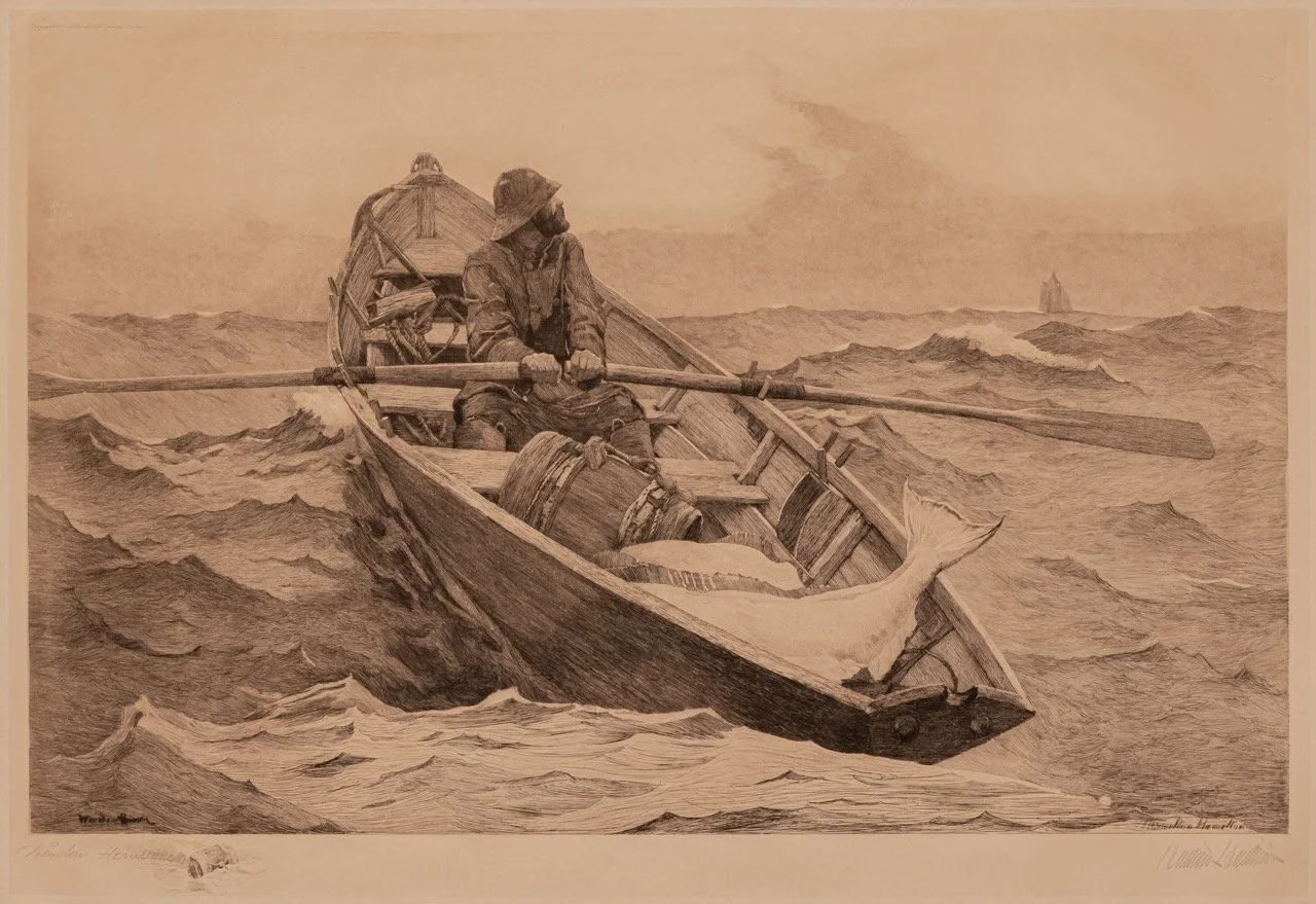 After Winslow Homer (United States, 1847–1928), Hamilton Hamilton (United States (born England), 1847–1928), The Fog Warning, 1887, etching and drypoint with stopping out and selective wiping in black ink on beige, moderately thick, slightly textu