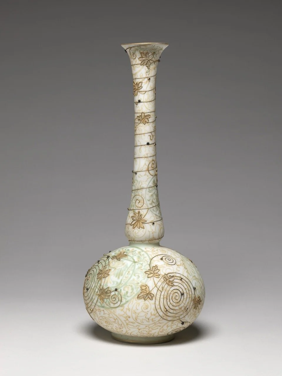  Mount Washington Glass Company (United States, 1837–1958),  Vase , 1891–1895, blown enameled and gilded Crown Milano glass, 14 3/4 × 6 1/4 inches. Bequest of Sylvia D. Greenberg, 2002.11.89. Image courtesy Mel Mclean 