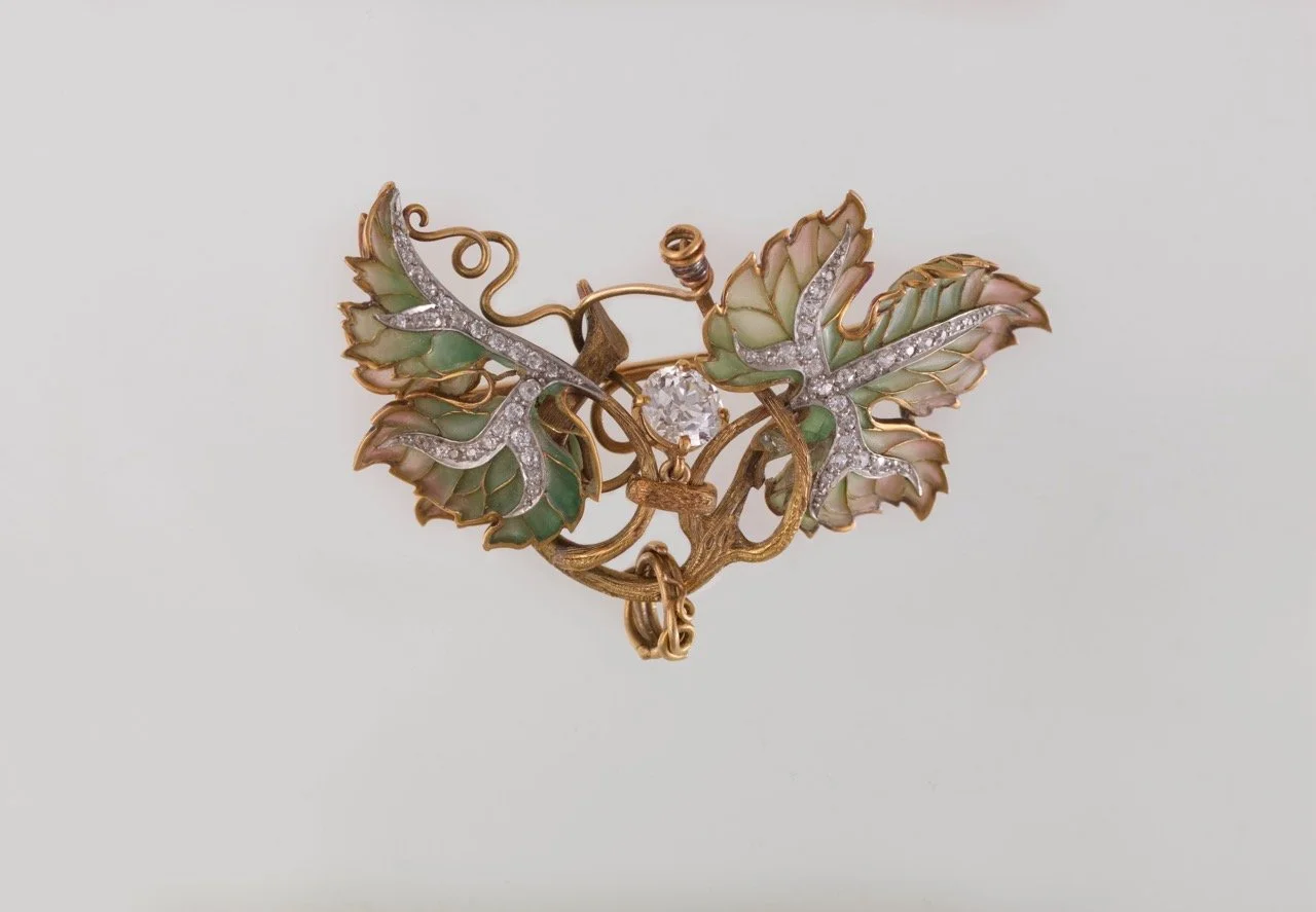  Marcus &amp; Co. (United States, established 1892),  Brooch [leaf] , circa 1900, gold, silver, and other metals, 1 1/2 × 2 1/4 × 1/2 inches. Bequest of Peggy L. Osher, 2021.7.1. Image courtesy Luc Demers 