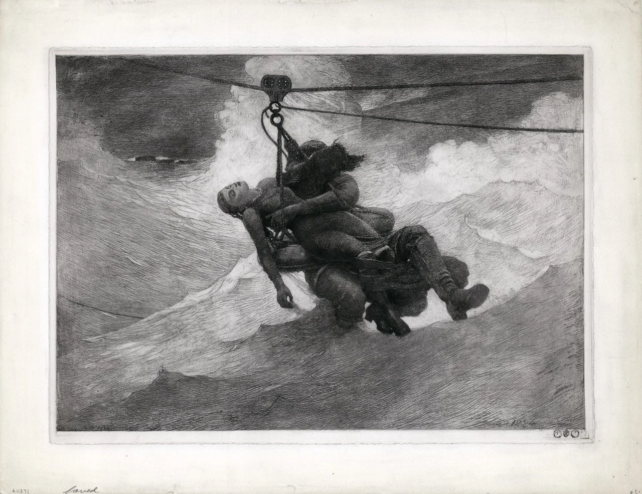  Winslow Homer (United States, 1836–1910),  The Life Line  [Copyright proof], 1884|1887, etching, sulfur tint, and drypoint with scraping, burnishing, and selective wiping in black ink on cream, very thick, moderately textured machine-made wove paper