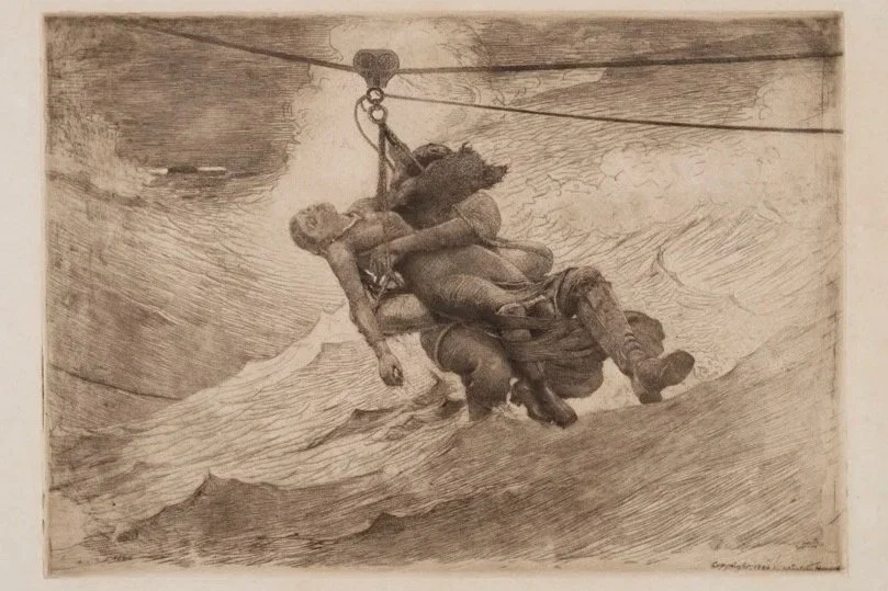 Winslow Homer (United States, 1836–1910), The Life Line, 1884, etching, sulfur tint, and drypoint with scraping, burnishing, and selective wiping in brown ink on cream, very thick, moderately textured machine-made wove paper; plate paper, image: 1