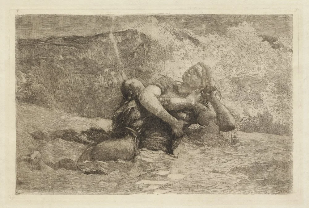 Winslow Homer (United States, 1836–1910), Study for "Undertow," circa 1886, etching, open-bite, stopping out and scraping on cream simili-Japanese Vellum, plate: 6 5/8 x 10 1/16 inches, sheet: 9 3/4 x 13 inches. Clark Art Institute, Acquired by th