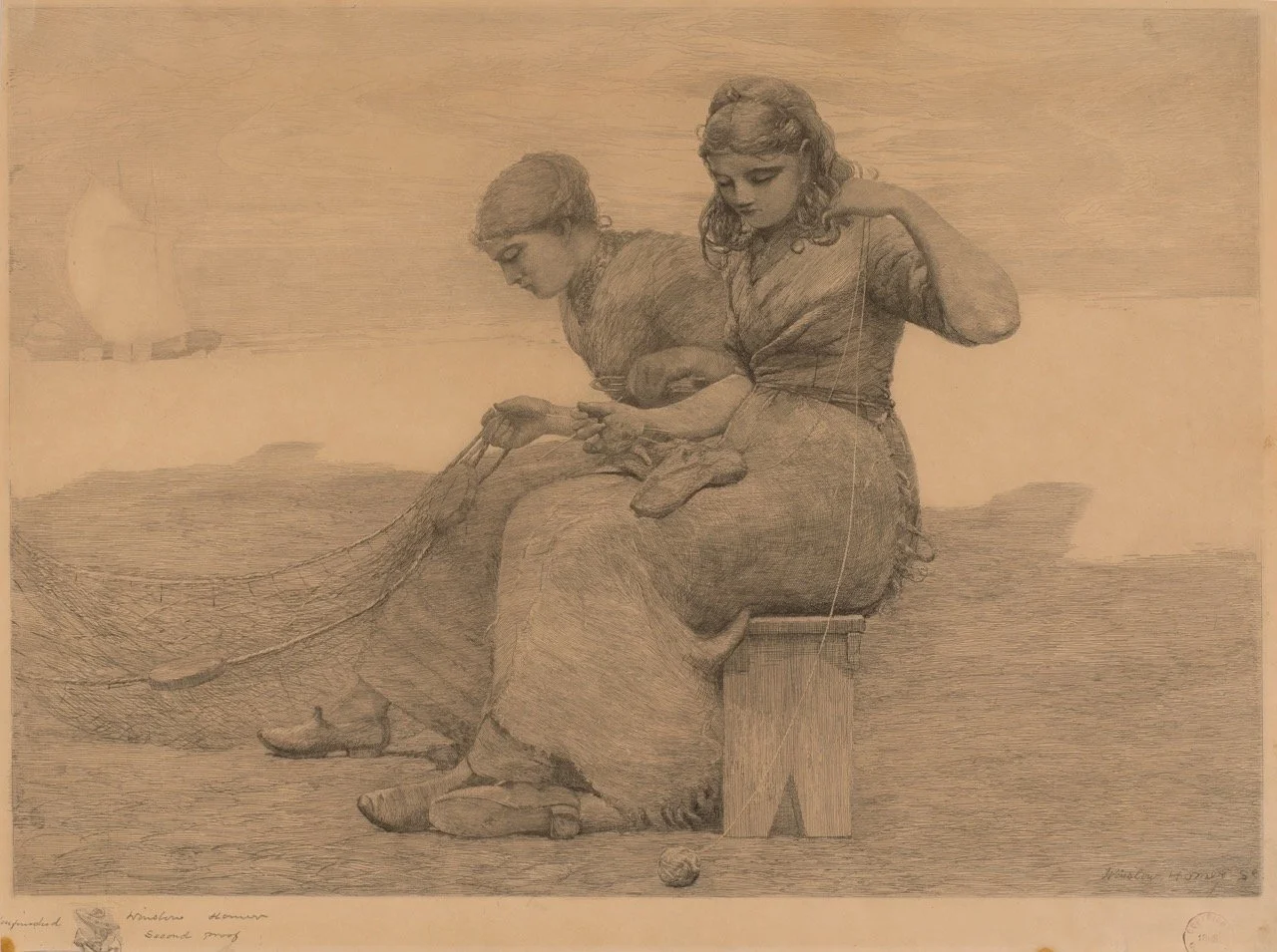  Winslow Homer (United States, 1836–1910),  Mending the Tears  [unfinished, second proof], 1888, etching and drypoint with scraping, stopping out, burnishing, and selective wiping in black ink on beige, moderately thick, slightly textured traditional