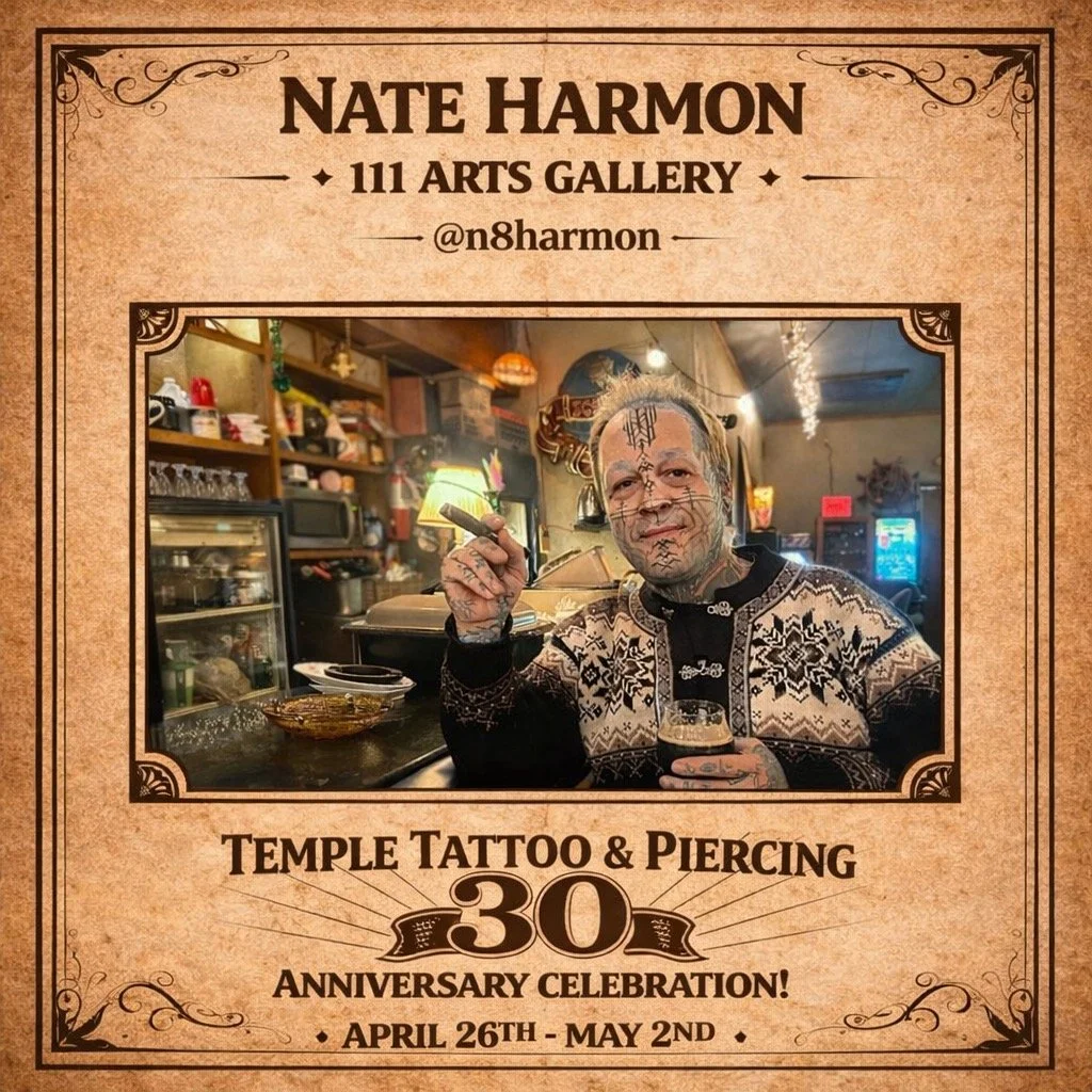 🔥 Guest Artist Announcement &ndash; Temple 30th Anniversary! 🔥
We&rsquo;re excited to welcome Nate Harmon from 111 Arts Gallery in Muncie, IN to our 30 Year Anniversary Celebration!
Nate will be tattooing April 27th &ndash; May 2nd during our week-
