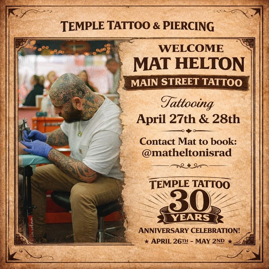 🔥We&rsquo;re excited to welcome Mat Helton of Main Street Tattoo to our 30th Anniversary Celebration!🔥
Mat will be tattooing 4/27 &amp; 4/28 &mdash; don&rsquo;t miss your chance to get tattooed during this special week.
Reach out to him directly to