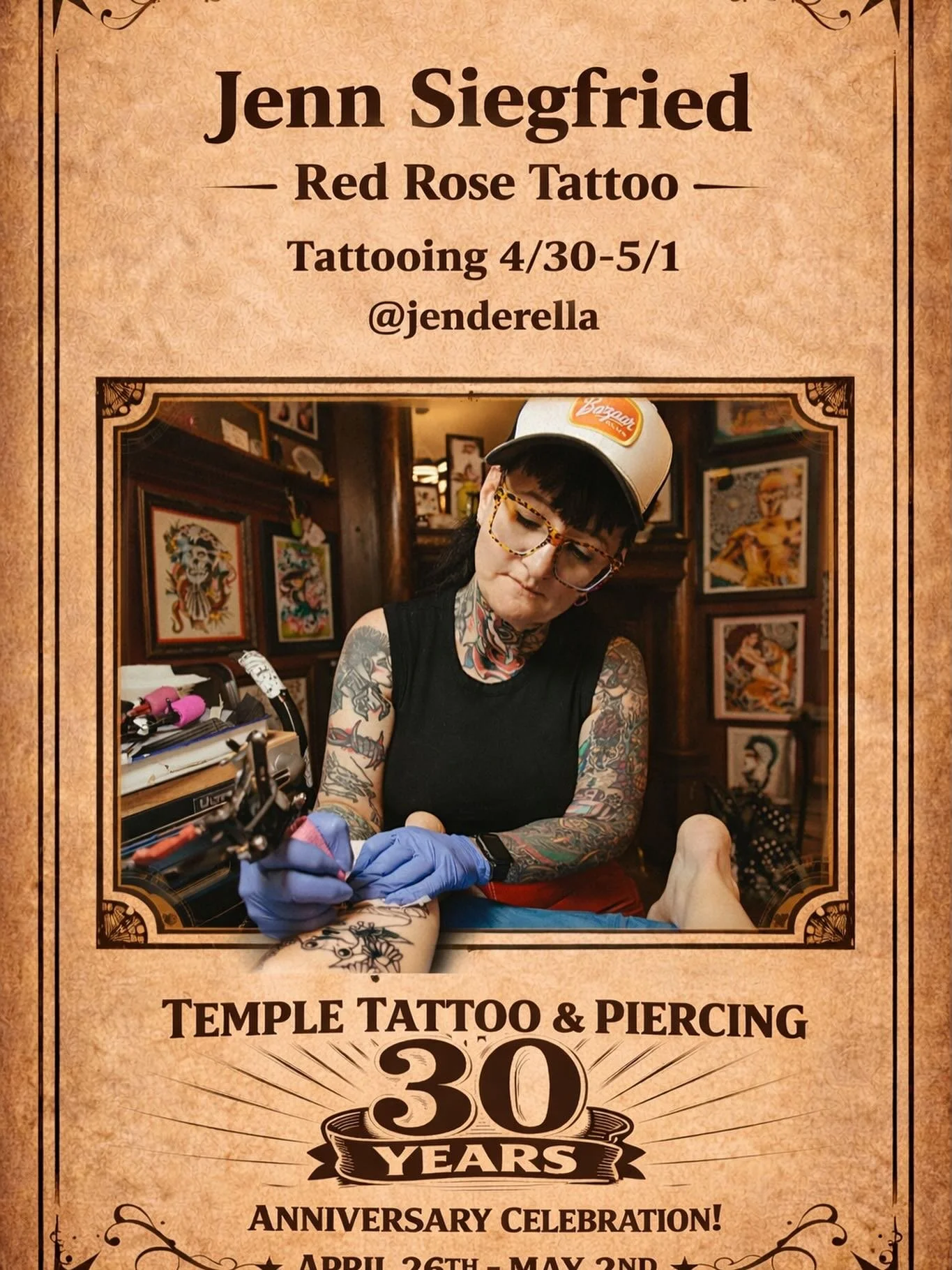 🔥We&rsquo;re excited to welcome Jenn Siegfried from Red Rose Tattoo to our Temple Tattoo &amp; Piercing 30th Anniversary Celebration!🔥
Jenn will be tattooing on April 30th and May 1st, and we&rsquo;re thrilled to have her join the lineup of artists