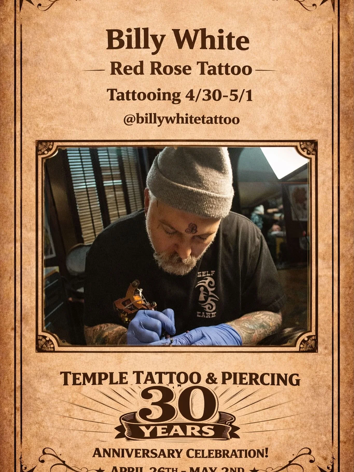 🔥We&rsquo;re excited to welcome Billy White from Red Rose Tattoo to the Temple Tattoo &amp; Piercing 30th Anniversary Celebration!🔥
Billy will be tattooing on April 30th and May 1st. If you&rsquo;d like to get tattooed by him during the celebration