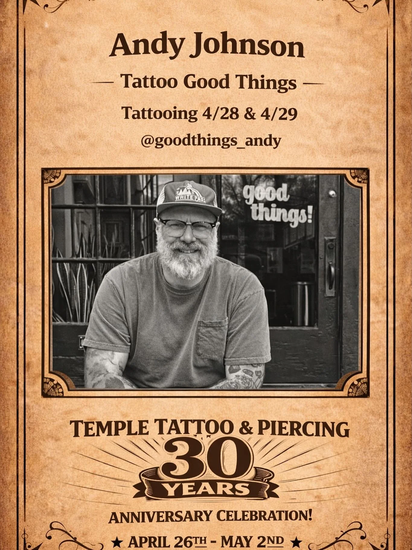🔥 We&rsquo;re excited to welcome Andy Johnson from Tattoo Good Things as part of the Temple Tattoo &amp; Piercing 30th Anniversary Celebration.🔥
Andy will be tattooing April 28th &amp; April 29th during the week-long celebration.
If you&rsquo;d lik