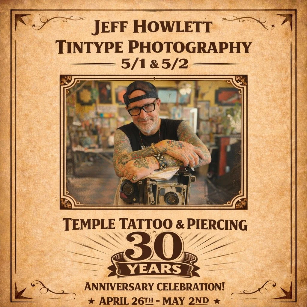 🔥We are honored to welcome Jeff Howlett to Temple Tattoo &amp; Piercing&rsquo;s 30th Anniversary Celebration.🔥
Jeff Howlett is a multidisciplinary artist known for his work across music, film, and photography. He began his career in Vermont in 1993