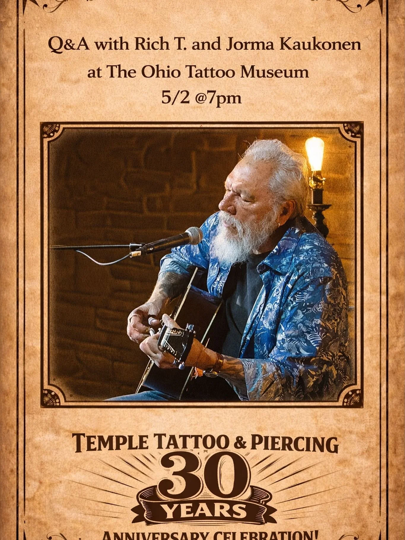 🔥We&rsquo;re honored to welcome Jorma Kaukonen to our Temple Tattoo &amp; Piercing 30th Anniversary Celebration!🔥
Join us for a special Q&amp;A with Rich T. and Jorma Kaukonen at The Ohio Tattoo Museum.
📅 May 2
🕖 7 PM
In a career spanning over 50