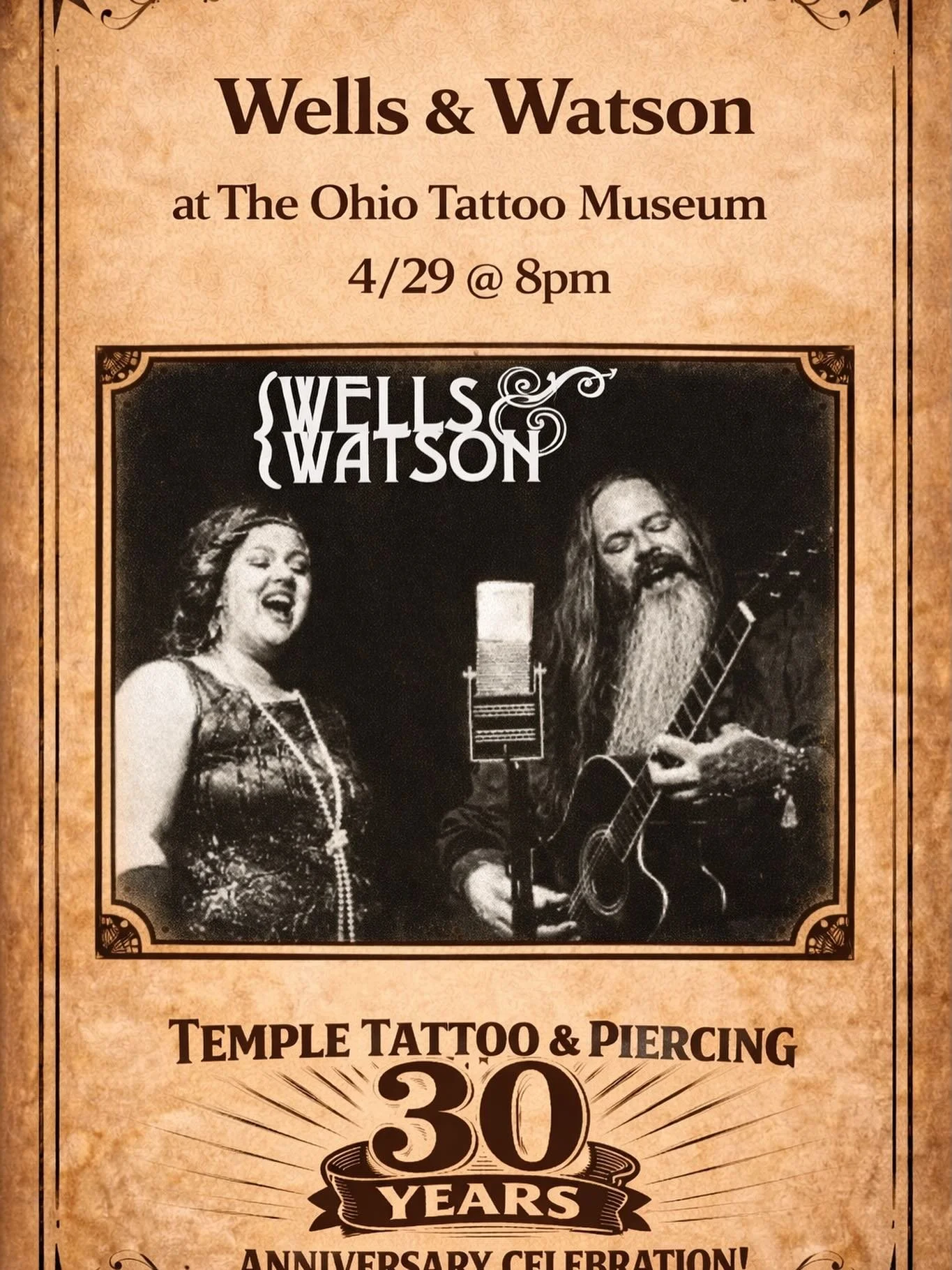 🔥 We&rsquo;re excited to welcome Wells &amp; Watson to our 30th Anniversary Celebration!🔥
Join us April 29th at 8pm at The Ohio Tattoo Museum for a magical acoustic performance.
Featuring the voices of psych-rock band Cricketbows, Aarika Watson and