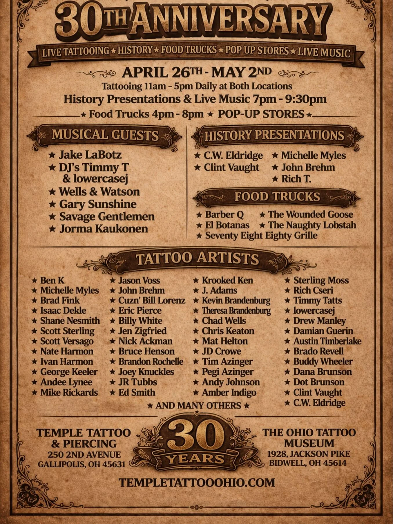 🎉 Temple Tattoo&rsquo;s 30th Anniversary Celebration 🎉
April 26th &ndash; May 2nd
Join us for a full week of tattooing, history, music, and great food!
🖤 Tattooing: 11am &ndash; 5pm daily (both locations)
🎤 History Presentations &amp; Live Music:
