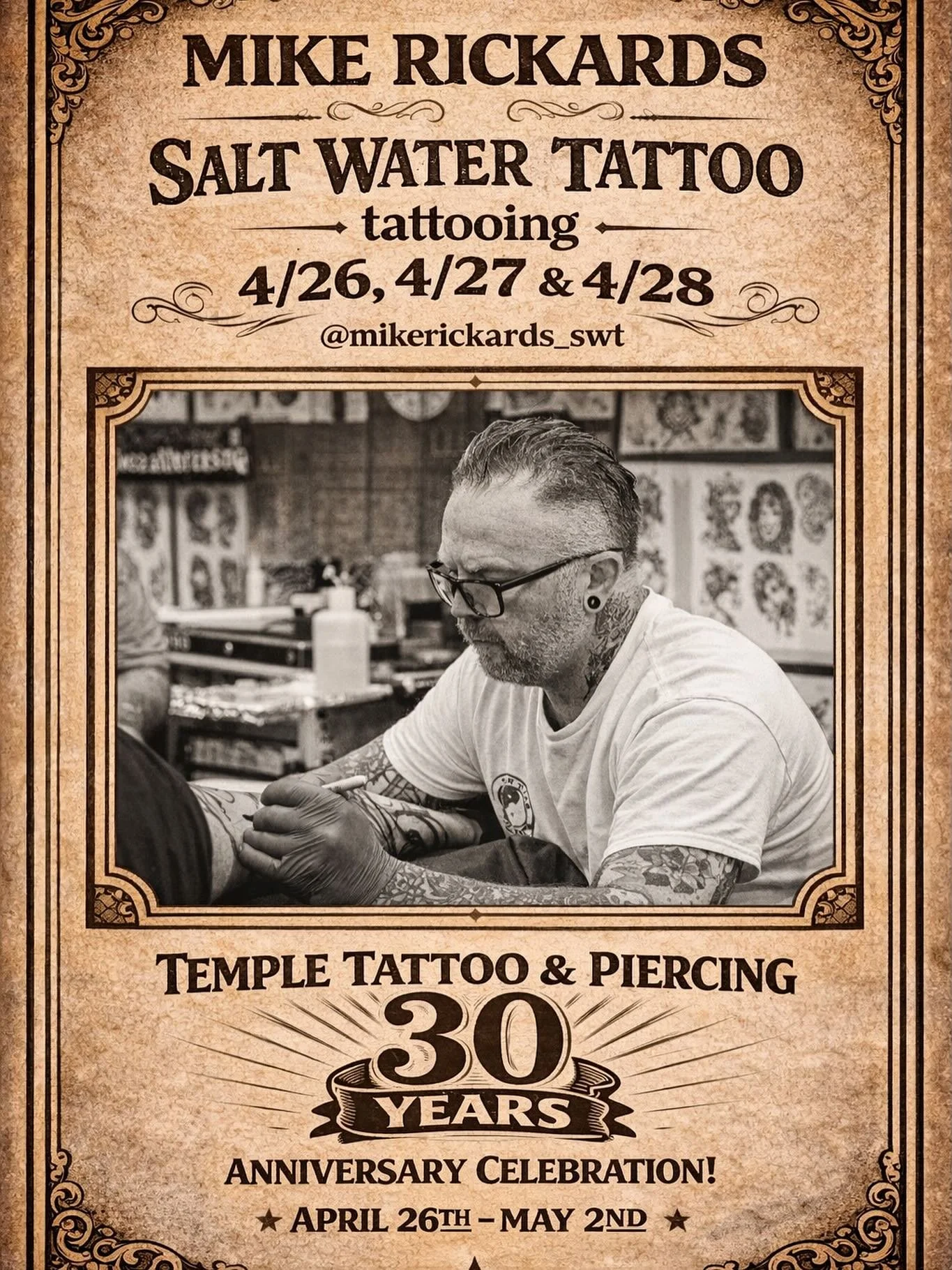 🔥 We&rsquo;re excited to welcome Mike Rickards to our 30th Anniversary Celebration! 🔥
Mike, from Salt Water Tattoo in Virginia Beach, will be tattooing with us
📍 April 26th, 27th &amp; 28th
Don&rsquo;t miss your chance to get tattooed&mdash;reach 