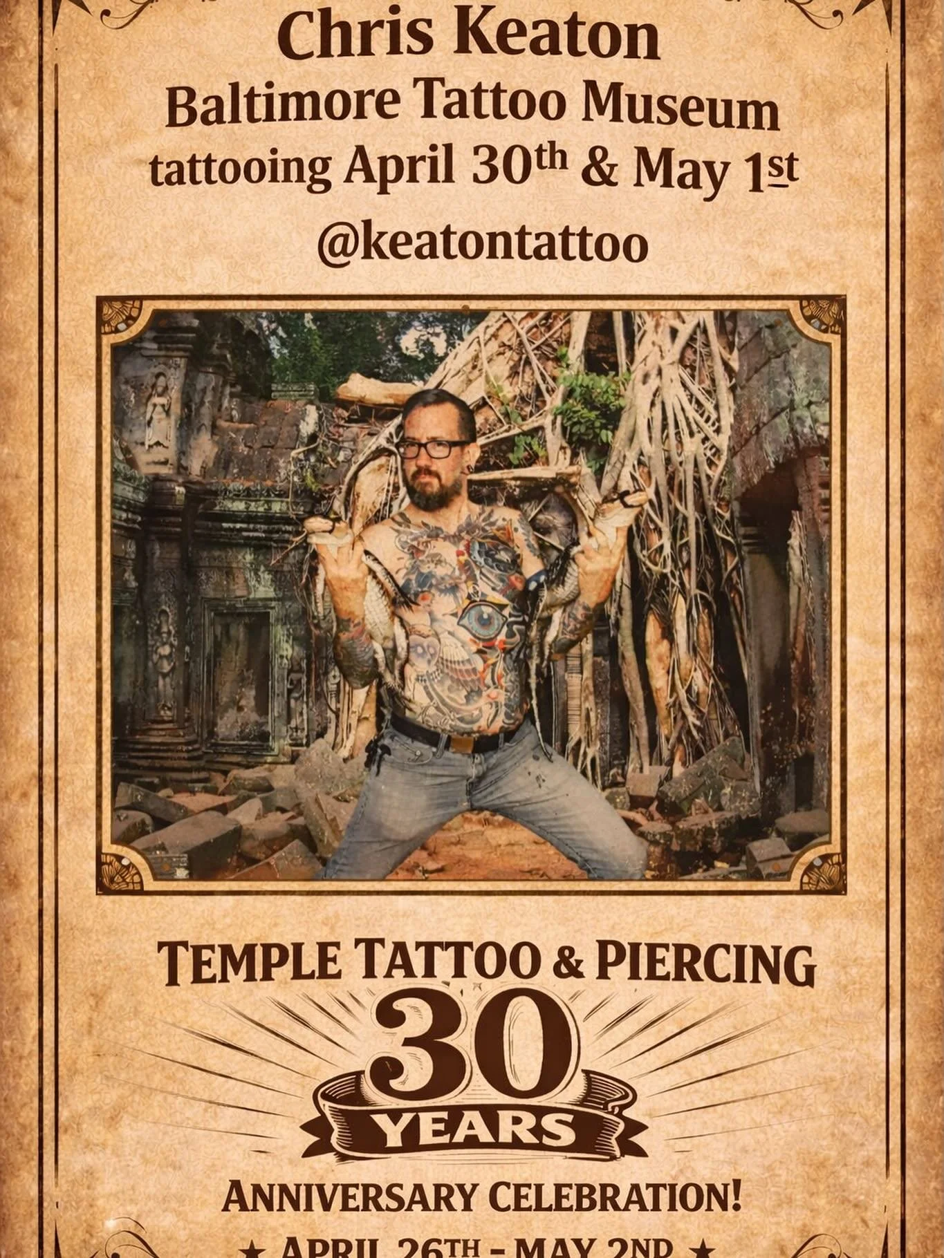 🔥 Welcome Chris Keaton from the Baltimore Tattoo Museum to our 30th Anniversary Celebration!🔥
Chris will be tattooing April 30th &amp; May 1st. Don&rsquo;t miss your chance to get tattooed&mdash;reach out to him directly to book your appointment 👉