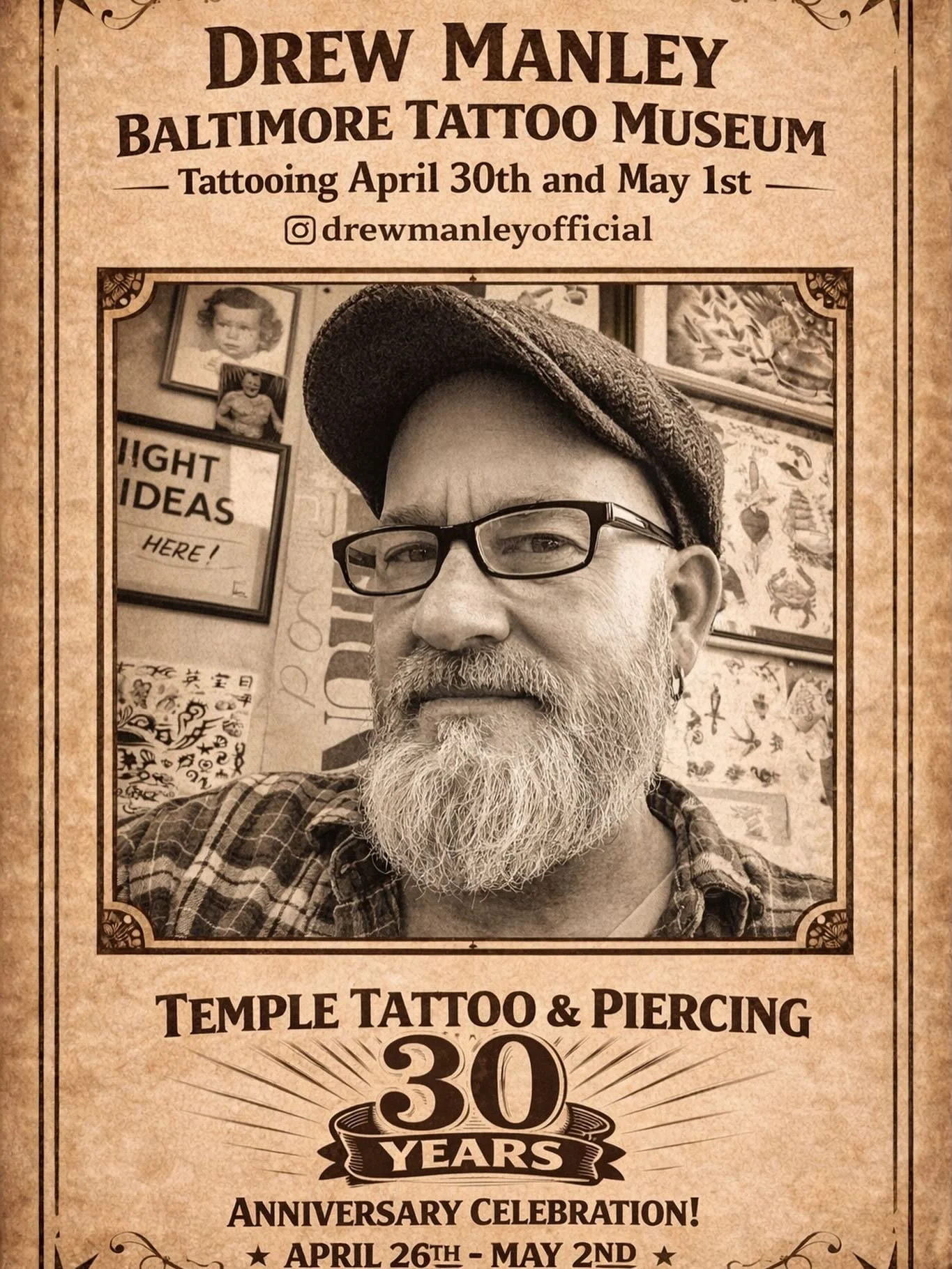 🔥 Please join us in welcoming Drew Manley from the Baltimore Tattoo Museum to our 30th Anniversary Celebration!🔥
Drew will be tattooing April 30th &amp; May 1st.
To book an appointment, please reach out to him directly 👉🏻 @drewmanleyofficial