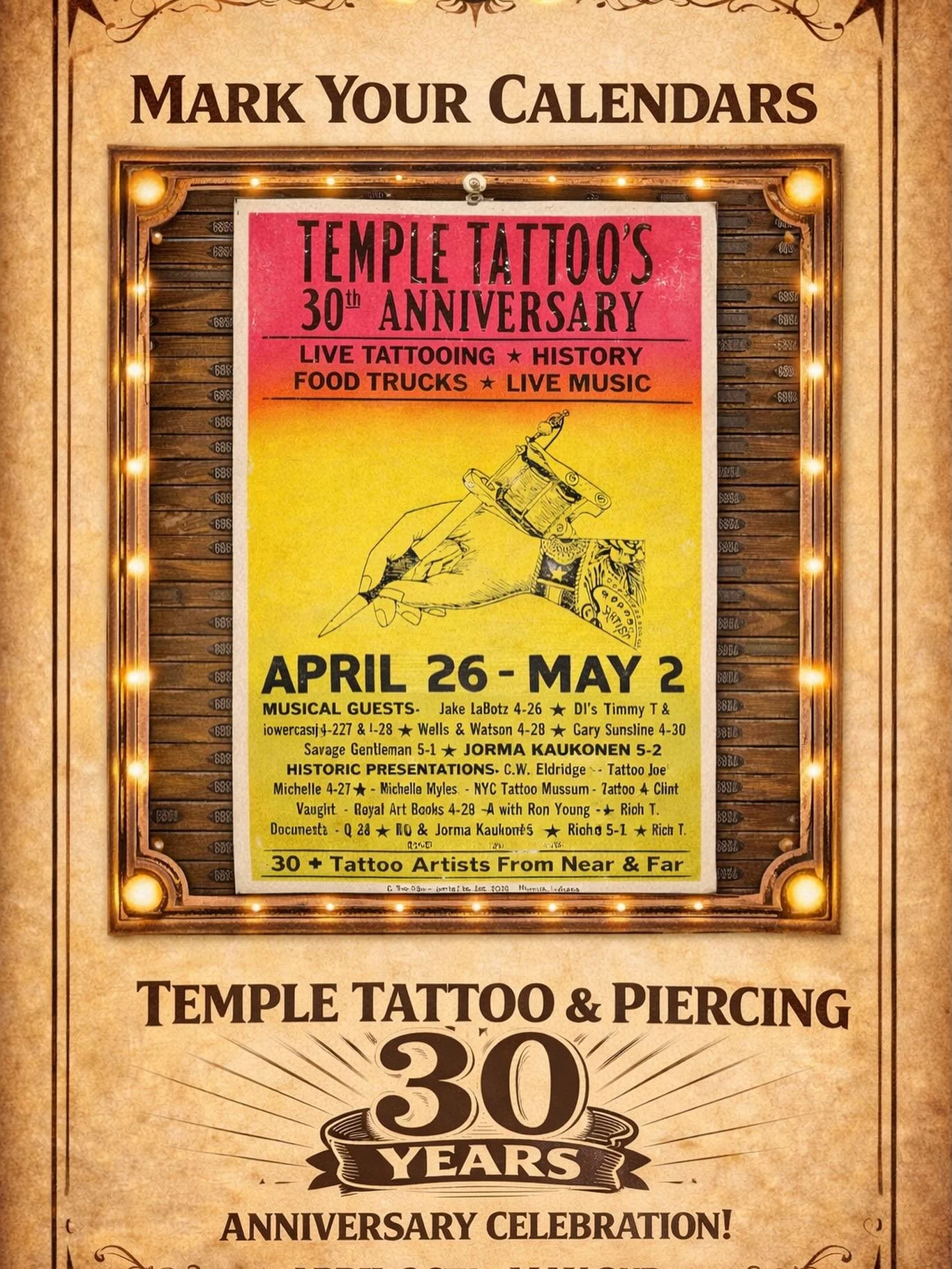 ⭐ A Gathering of Tattooers &amp; Tradition ⭐
Join us as we celebrate 30 YEARS of Temple Tattoo &amp; Piercing &mdash; one unforgettable week of tattooing, music, history, and community!
📅 April 26th &ndash; May 2nd
📍 Temple Tattoo &amp; Piercing ✦ 