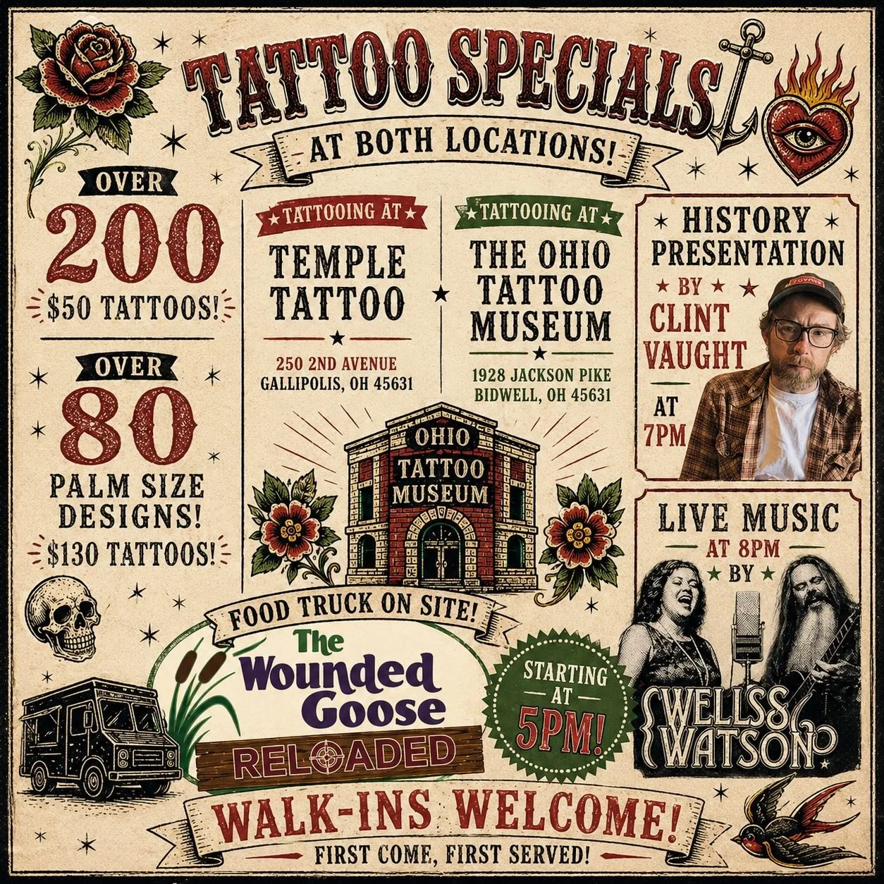 Today at the Temple 30th Anniversary &mdash; we&rsquo;ve got a full day lined up! 🔥

&bull; Over 200 designs &ndash; $50 each
&bull; Over 80 palm-size designs &ndash; $130 each
&bull; Tattooing at BOTH locations &mdash; Temple Tattoo &amp; The Ohio 