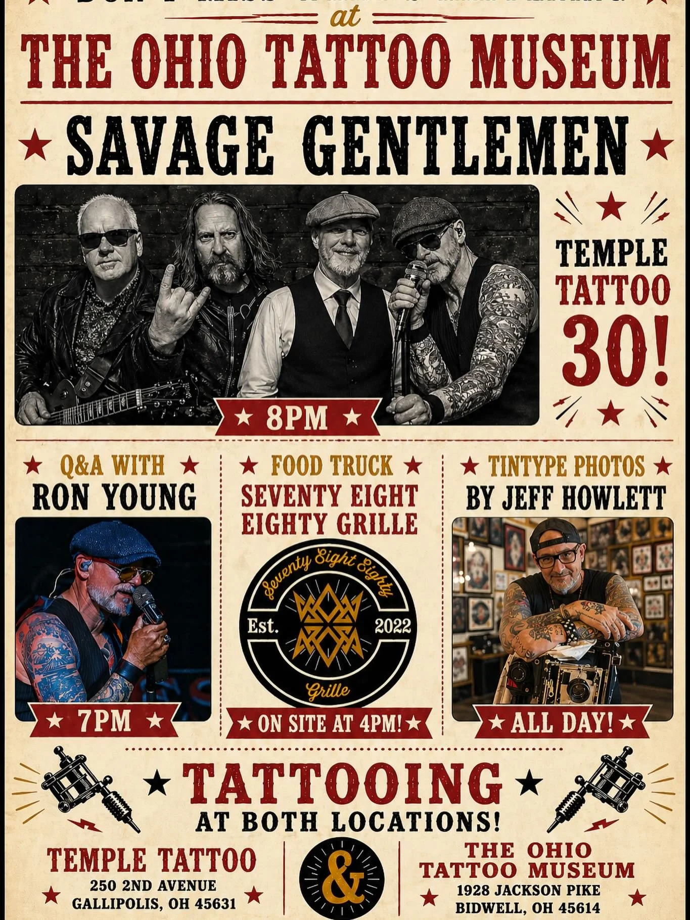 🔥 Don&rsquo;t miss what&rsquo;s happening at The Ohio Tattoo Museum! 🔥
We&rsquo;ve got a stacked night lined up as the Temple Tattoo 30th Anniversary rolls on:
⭐ LIVE MUSIC: Savage Gentlemen at 8PM
⭐ Q&amp;A: Ron Young at 7PM
⭐ FOOD TRUCK: Seventy 