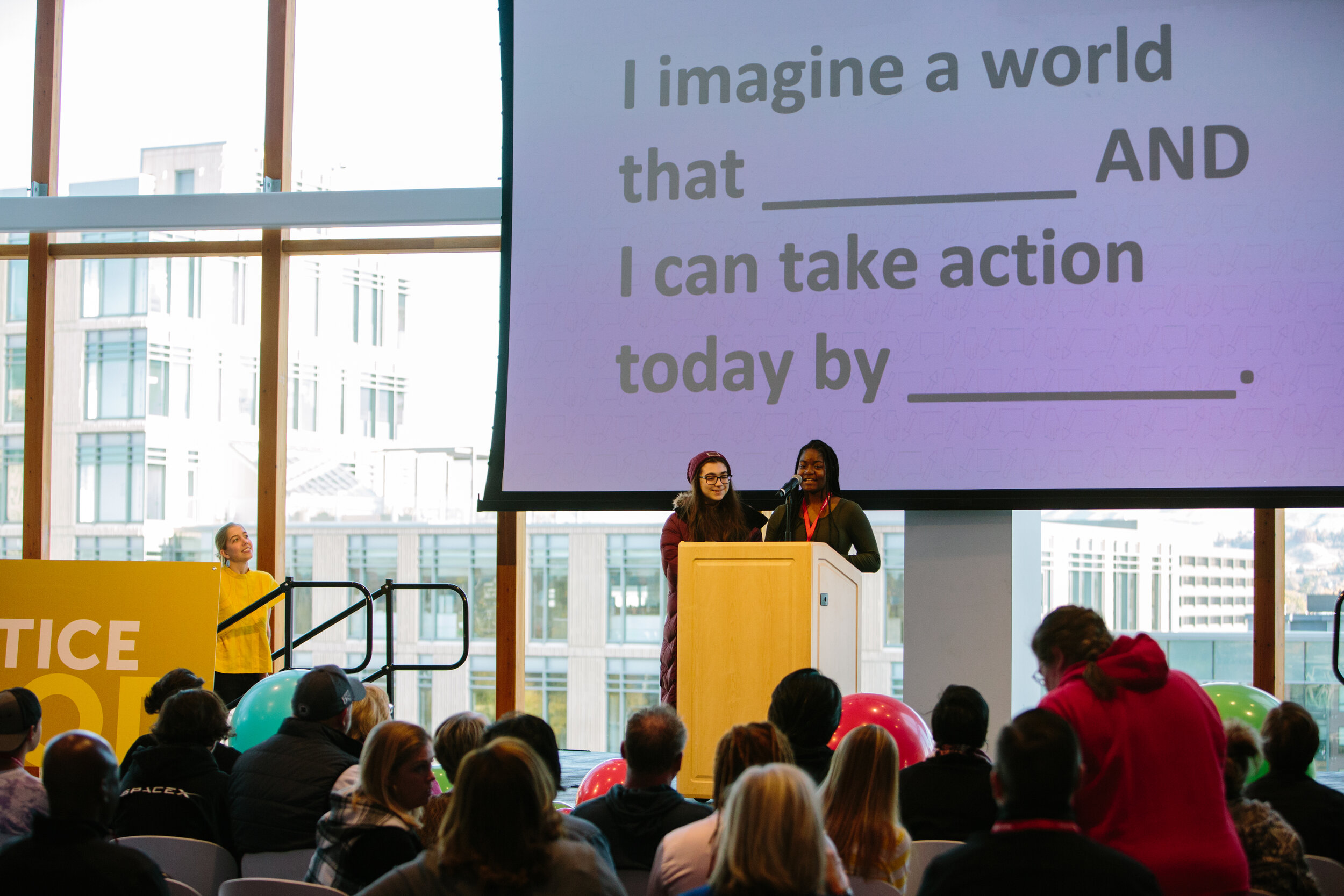  Workspace students Sophia and Kiana share some ways to inspire good during the first day of the Hands Down, Voices Up summit. 
