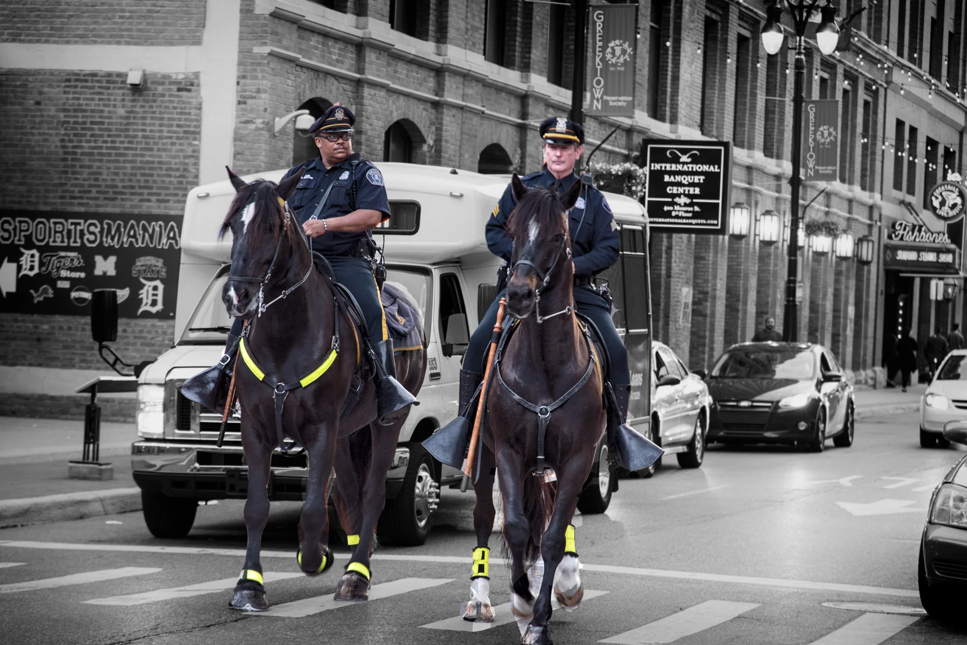 Mounted Patrol in Greektown Detroit B&W.JPG