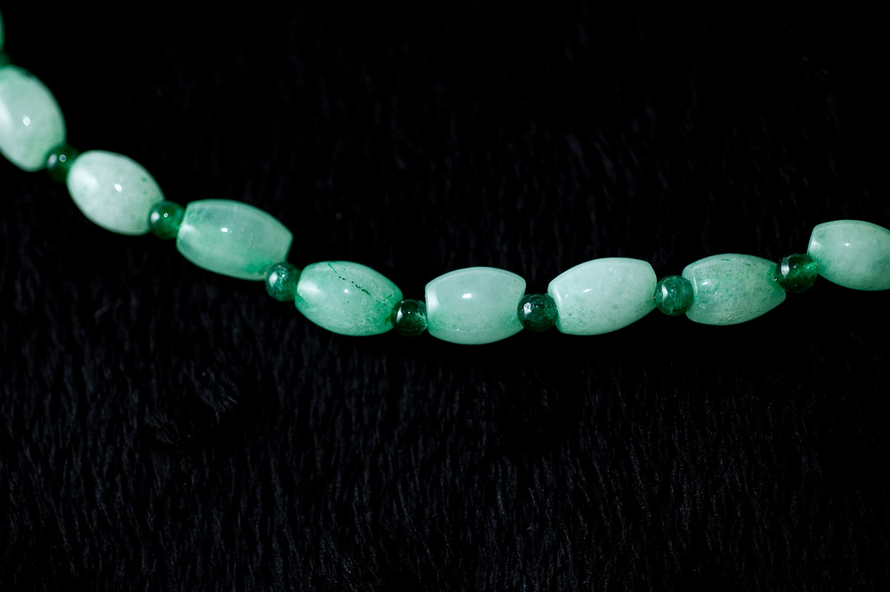  Green-dyed quartz with green jade  16”  $29.95 