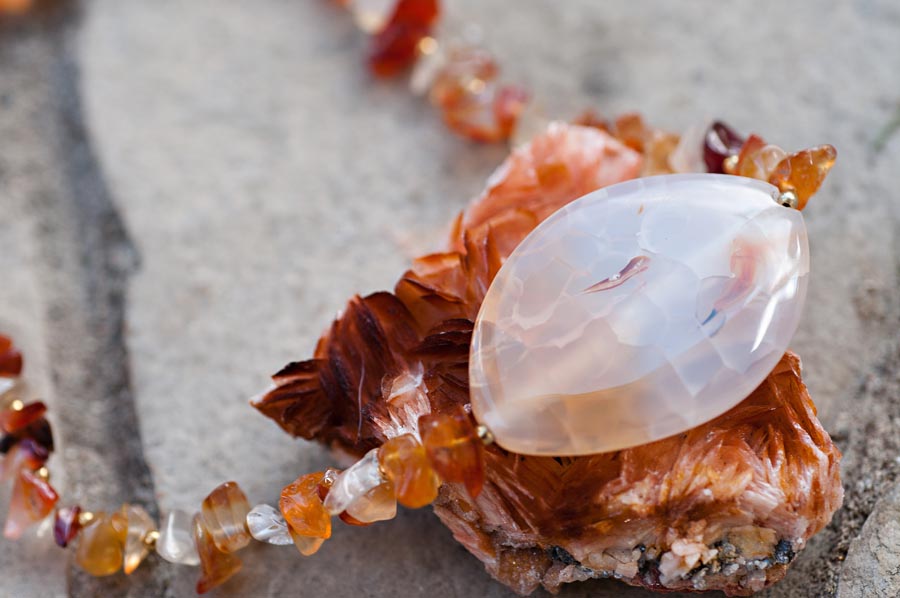  Quartz pendant with carnelian and gold accents  18”  $39.95 