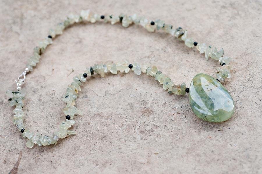  Green agate pendant with green quartz and black onyx  18”  $29.95 