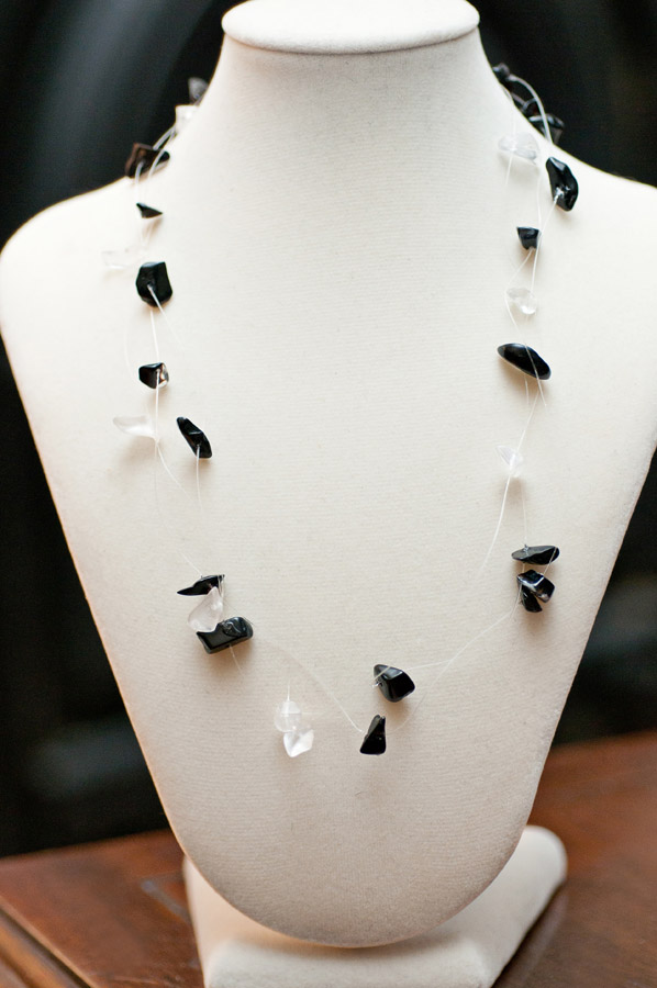  Floating black onyx and clear quartz (two black and one quartz)  16”  $19.95 