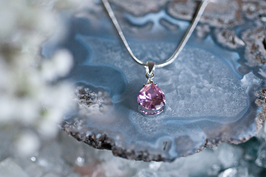  Pink cubic zirconia on silver chain  18”  $14.95 