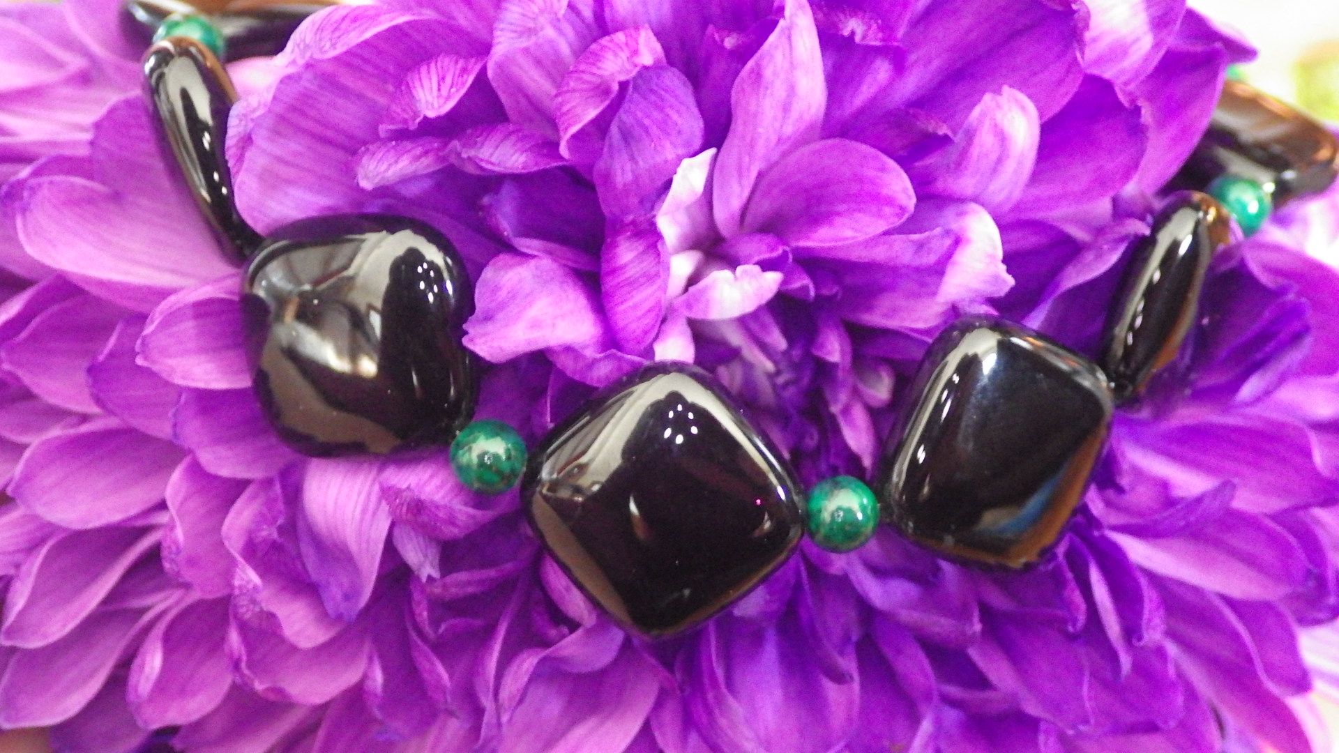  Black agate with green fossil and silver findings  17”  $29.95 