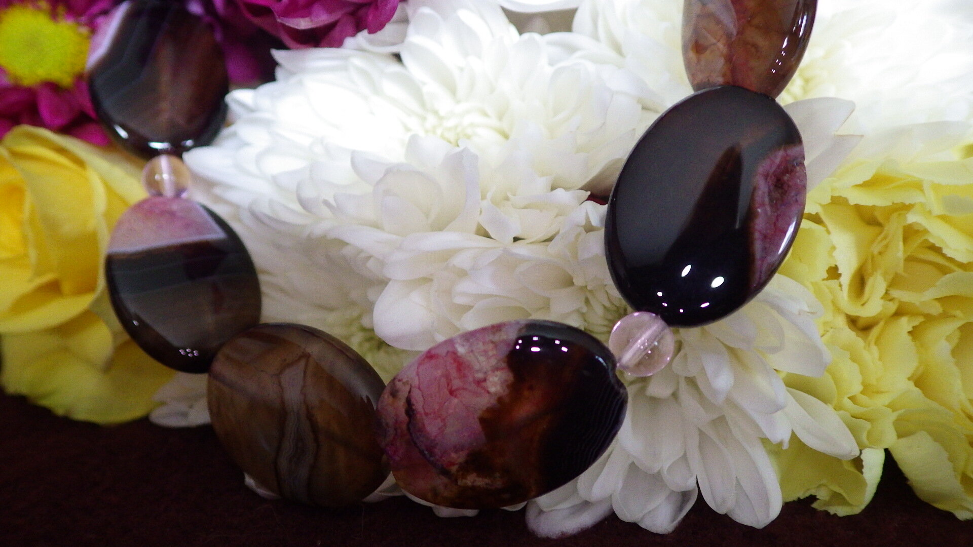  Pink and black dyed quartz with pink quartz spacers and silver findings  18”  $29.95 