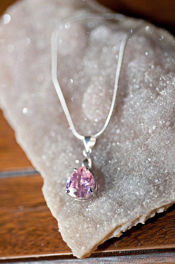  Pink Swarovski pendent on silver chain  19”  $22.95 