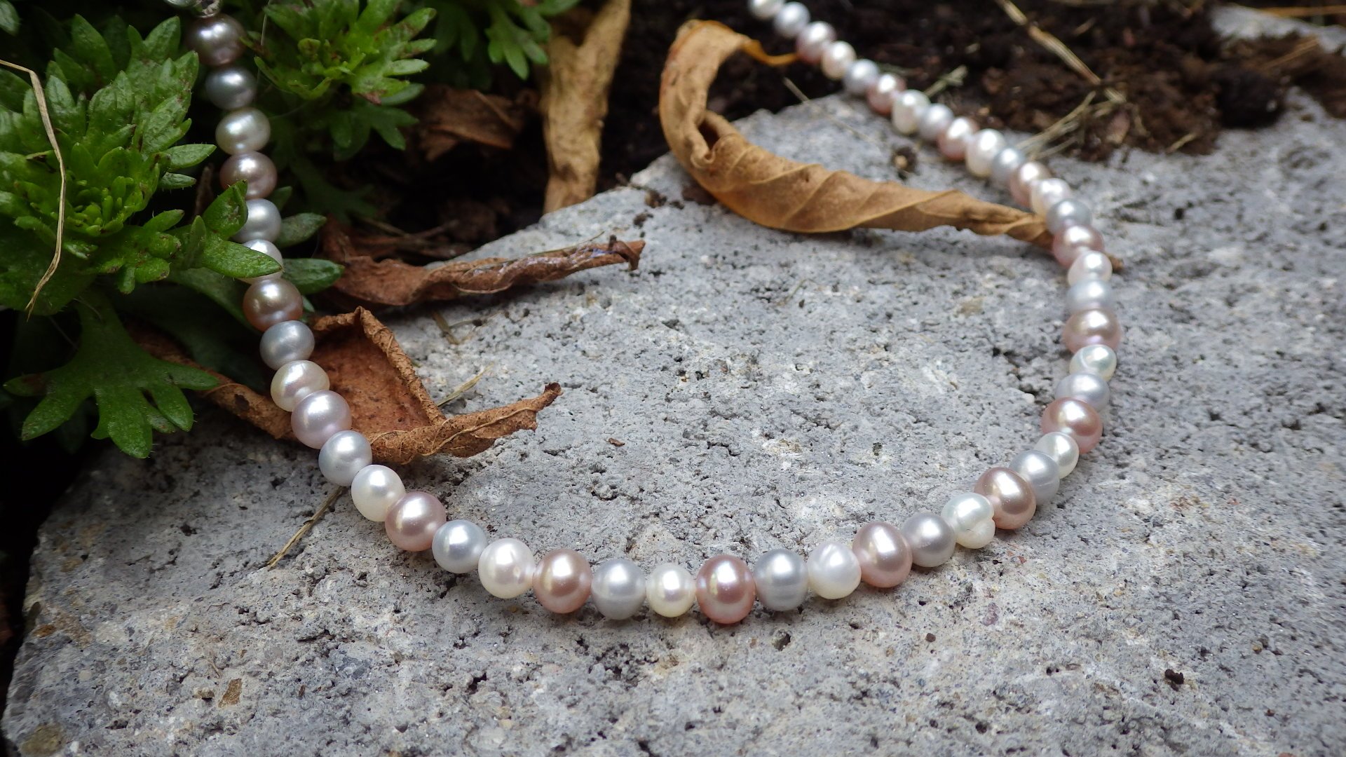  Pink, silver and white small pearls with silver findings  18”  $29.95 