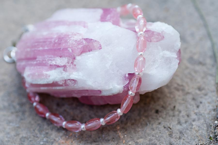  Cherry quartz and white pearl with silver findings  7.5-9”  $14.95 