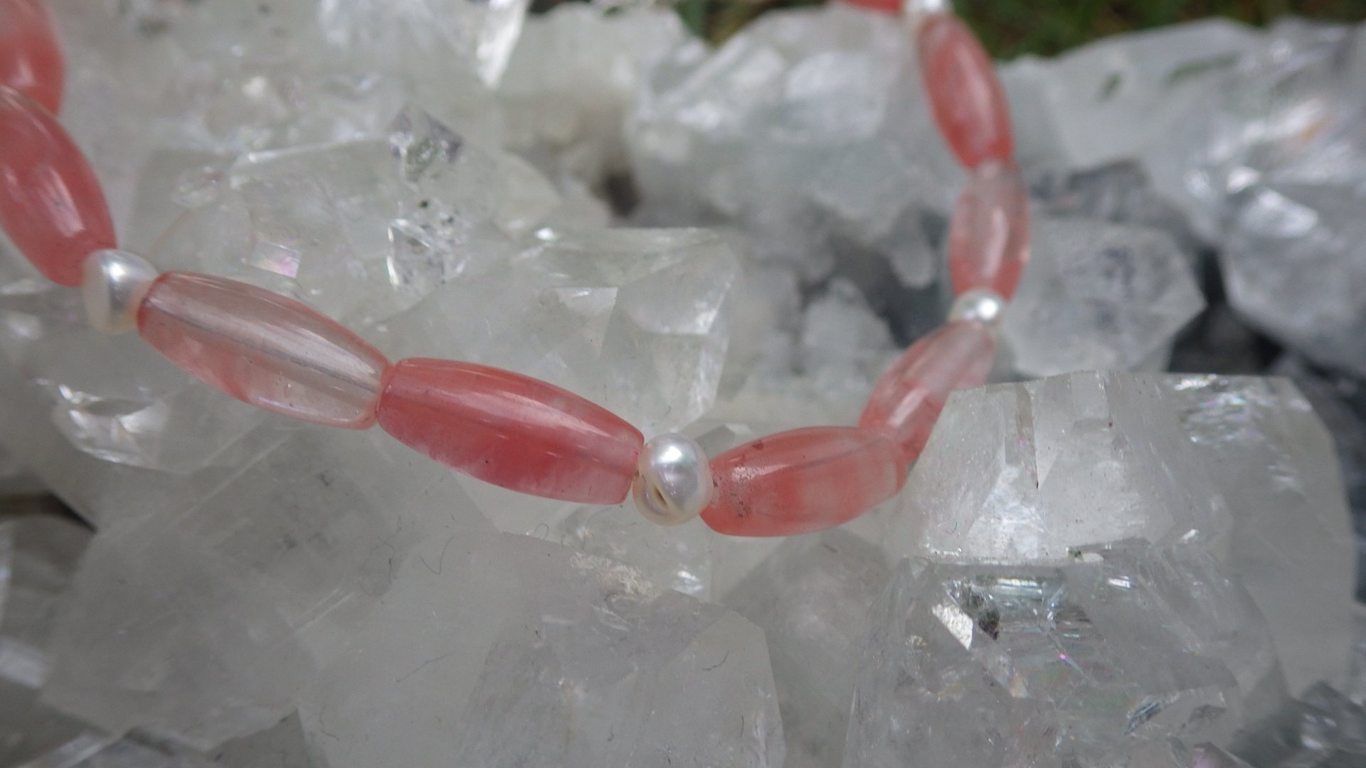  Cherry quartz and white pearl with gold findings  7.5-9”  $14.95 