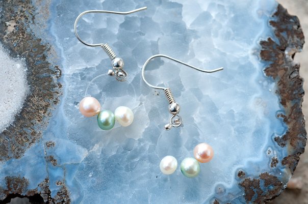  Floating white, pink and green pearls with silver findings  $12.95 