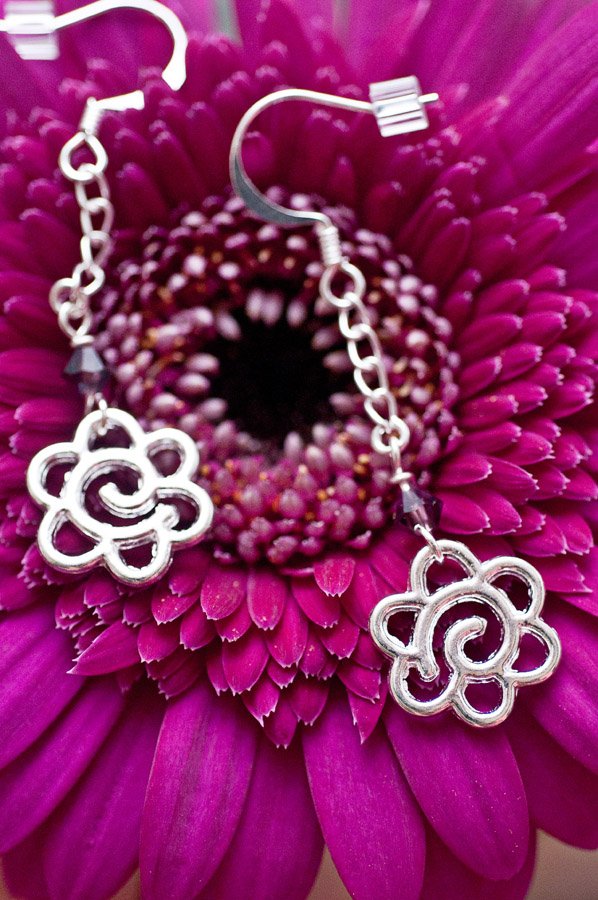  Silver flowers on chain and purple Swarovski crystal with silver findings  $12.95 