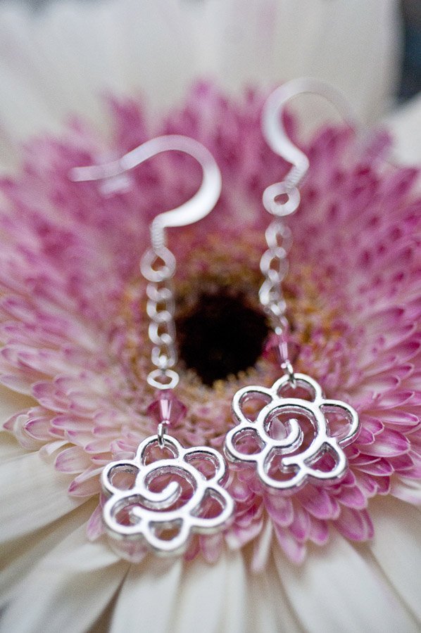  Silver flowers on chain and pink Swarovski crystal with silver findings  $12.95 