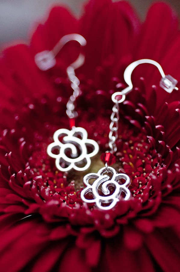  Silver flowers on chain and red Swarovski crystal with silver findings  $12.95 