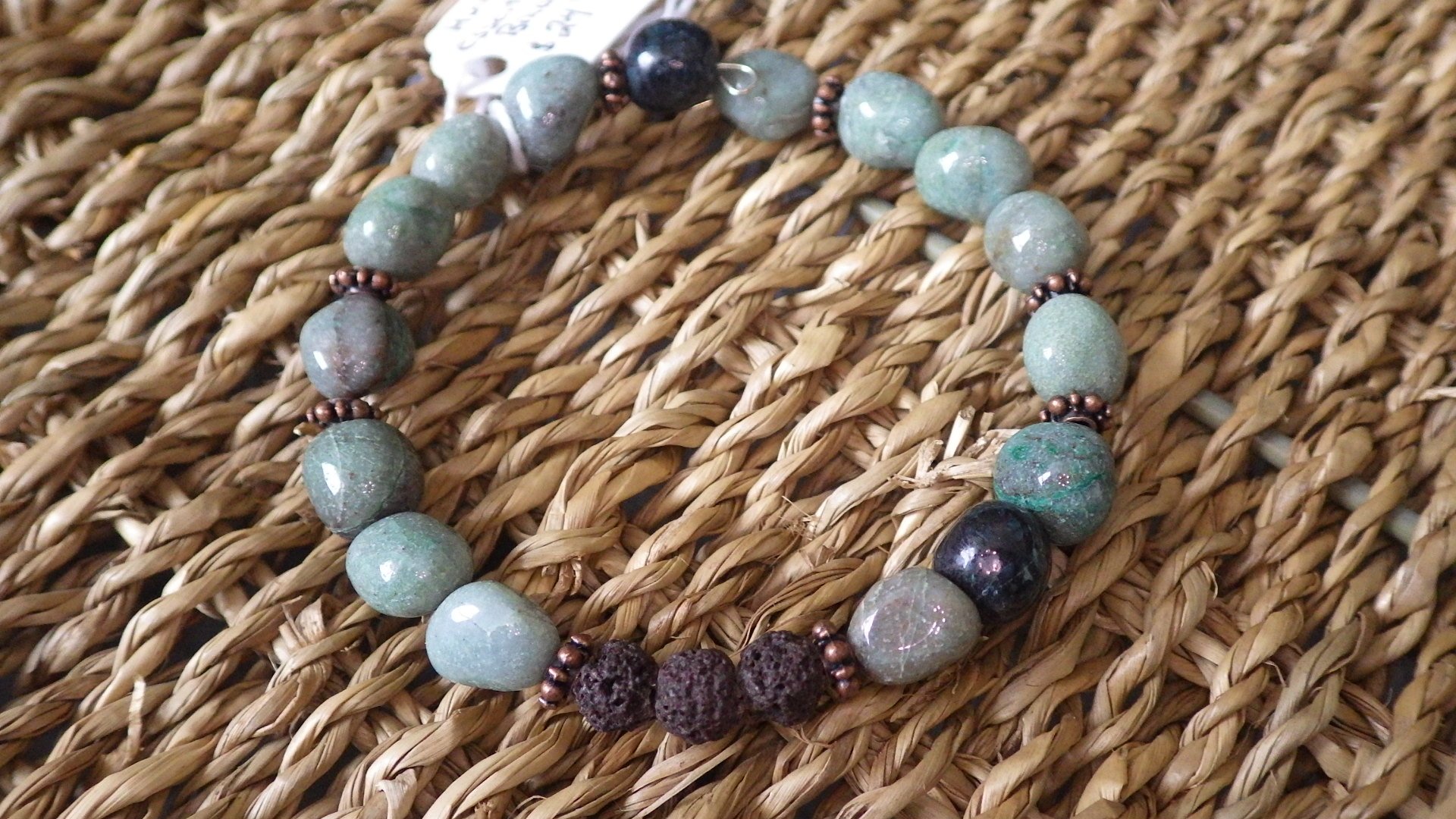  Chrysocolla, bronze spacers and lava rock for essential oils. Wrap bracelet (memory wire)  $24.95 